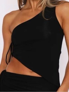 White Fox Black One-Shoulder Asymmetric Top with Side Tie Detail
